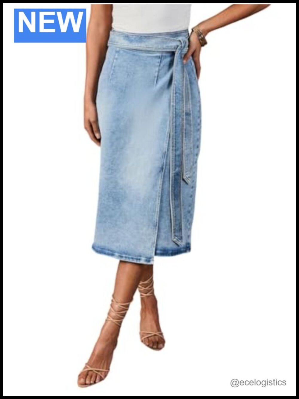 Western Wrap Denim Skirt Floral Print High Waist Tie Side Slit Midi Pencil